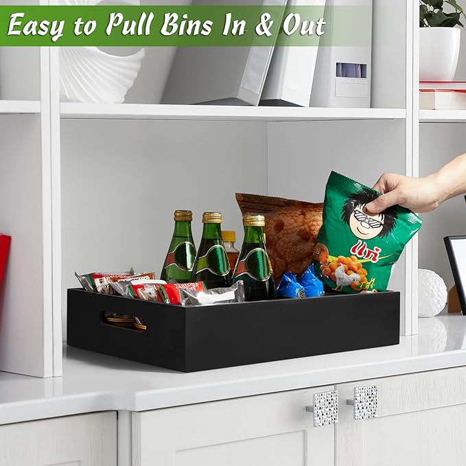 DRASTAR Pantry Organization and Storage Bins, Large Snack Organizer with Removable Dividers, Wooden Storage Caddy for Kitchen, Pantry, Cabinet, Countertop, Black