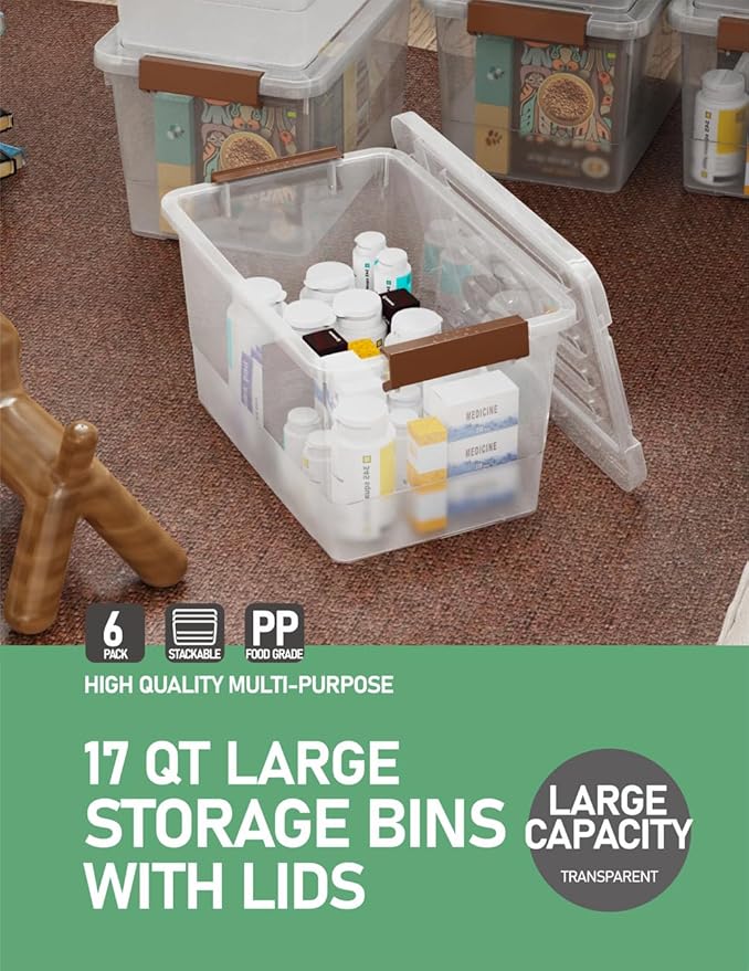 6 Pack 17qt Clear Plastic Storage Bin with Lid and Latching Buckles