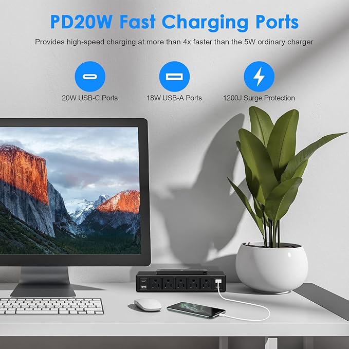 40W Under Desk Power Strip Mountable,20W USB-C Fast Charging Flat Plug Power Strip Surge Protector 1200J,9 in 1 Desk Outlet,5 Outlets,2 USB-C,2 USB-A,6FT Extension Cord Black