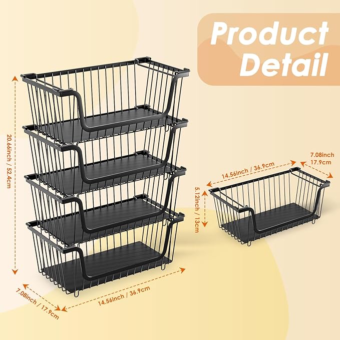 4 Pcs Stackable Wire Baskets for Pantry Organizers and Storage