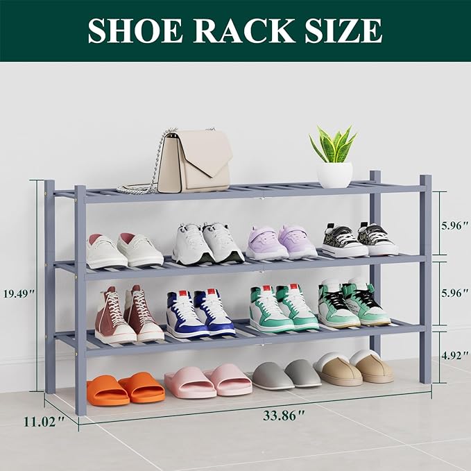 Smiry Long Bamboo Shoe Rack, 3 Tier Free Standing Wooden Shoe Organizer, Stackable Wood Shoe Storage Shelf for Closet, Entryway, 14 Vertical Slats, 2+1 Stack Heavy-Duty Legs, 33.7"x11"x19.5", Grey