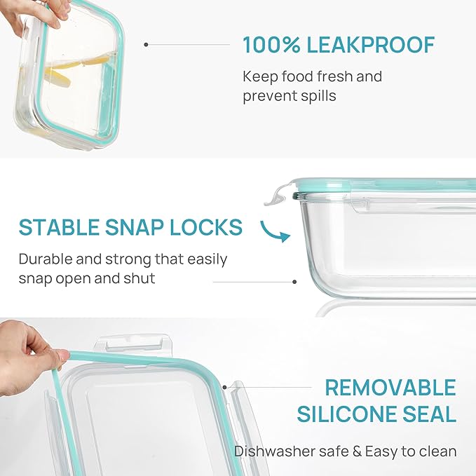 Vtopmart 2Pack 1860ml/63oz Large Glass Containers Food Storage with Lids, Meal Prep Food Container Set with Snap Airtight Lid for Baking, Microwave, Oven, Leak Proof, for Freezer, Dishwasher, Green