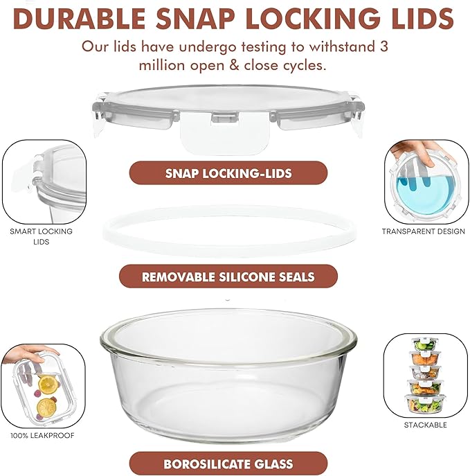 Razab 30 PC Glass Food Storage Containers with Lids - Reusable Glass Meal Prep Containers for Lunch and Leftovers - Airtight & Leakproof Snap Locking Lids - Oven, Freezer, Microwave, Dishwasher Safe