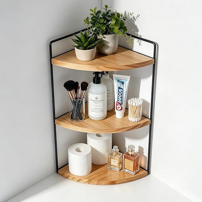 3-Tier Corner Bathroom Countertop Organizer, Solid Pine Wood Vanity Corner Shelf for Skincare & Makeup, Waterproof Standing Rack for Bathroom, Kitchen & Dresser, Large 15.7" H, Natural Wood