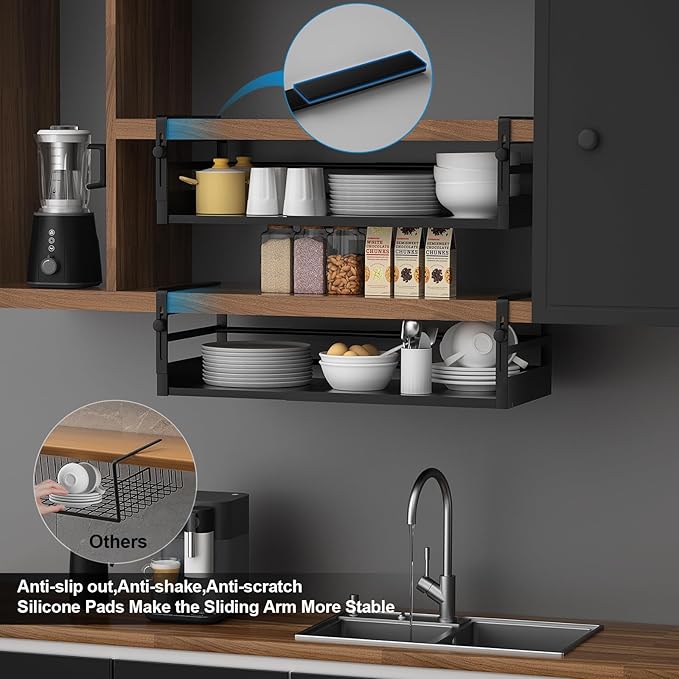AmonHouseware 2Pack Under Shelf Basket Organizer, Adjustable Under Cabinet Shelf Storage, Hanging Holder Length Stretchable 13-21Inch for Kitchen Pantry Desk Counter Bookshelf Cupboard (Black)