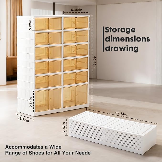 SAYMA Foldable Shoe Rack Organizer, Plastic Collapsible Shoe Storage Cabinet with Door, Easy Assembly Shoe Shelf for Entryway, Clear Stackable Shoe Box (6 Tiers, 24 Pairs)