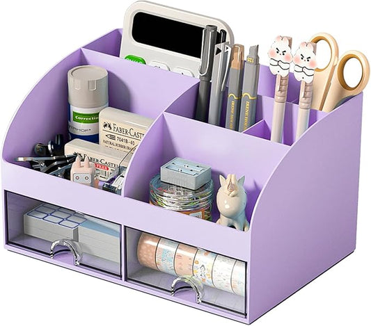 Desk Organizer with 6 Compartments and 2 Drawers, Purple