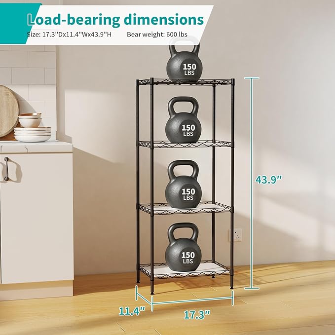 4-Tier Wire Storage Shelves, 12"D x 18"W x 44"H, Black