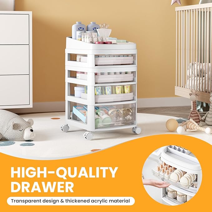 Rolling Cart with 4 Drawers, Clear Plastic Drawer Organizers