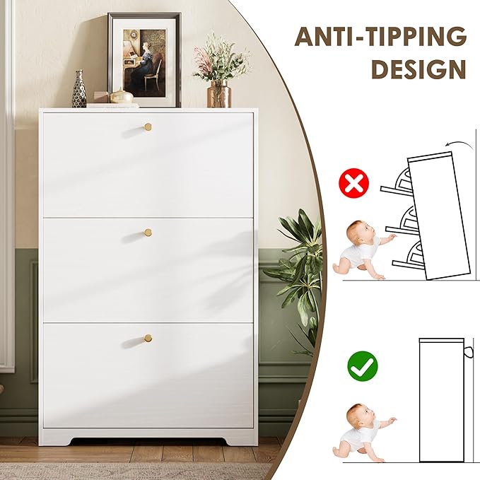 Nicetree Shoe Cabinet with 3 Flip Drawers, Narrow Shoe Organizer Cabinet, Freestanding Shoe Rack Cabinet, Morden Shoe Storage Cabinet for Entryway, Hallway, Foryer, White