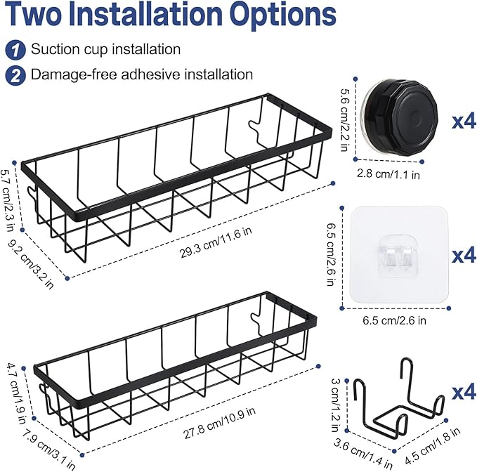 Shower Caddy Suction Cup Adhesive with Hooks, Heavy Duty Shower Shelves Storage Organizer for Bathroom, No Drilling Bathroom Shelf with Large Capacity, Black Metal Storage Basket