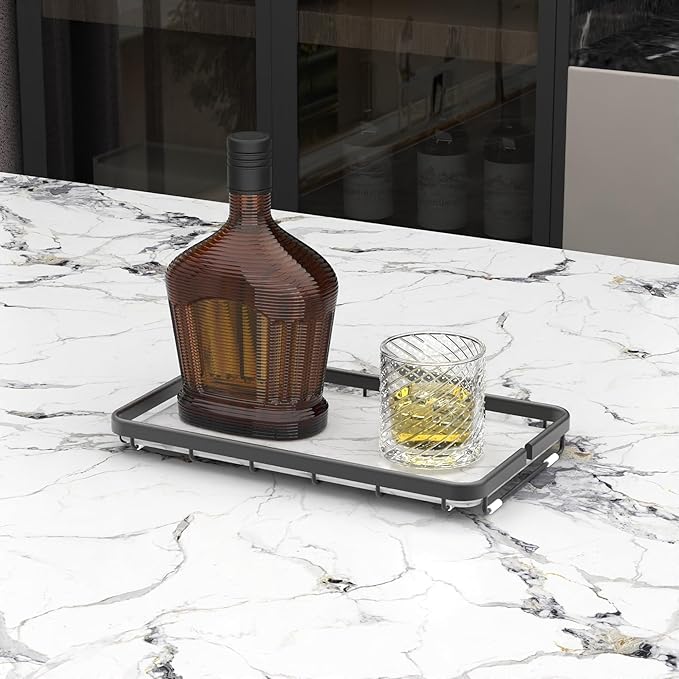 Counter Organizer for Bathroom, Kitchen or Coffee Bar, Metal Shelf with Faux Marble, Vanity Countertop Makeup Storage, Dresser Perfume Display Rack, Toilet Tank Tray (Matte Black, 1-Tier)