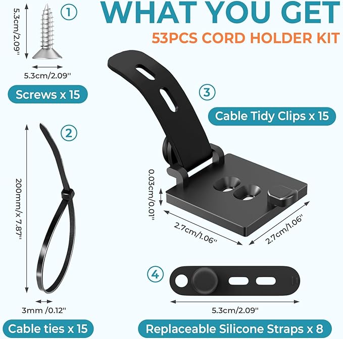 Cable Clips Management Kit, 15 Cable Holder With Silicone Cord Ties