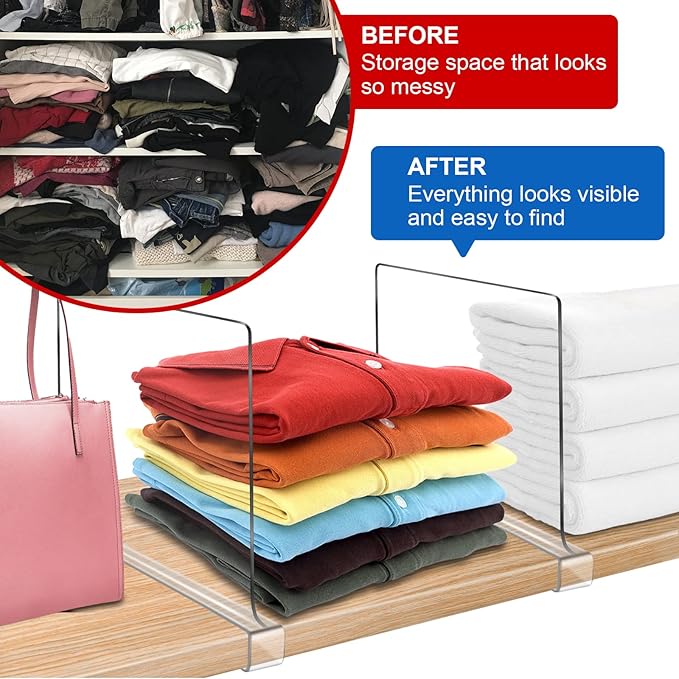 Acrylic Shelf Dividers for Closet Organization 4PCS Closet Shelf Divider Closet Dividers for Shelves Shelf Organizer for Closet Shelf Organizer for Wood Closet Separator Clear