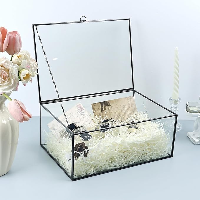 HighFree Vintage Glass Box with Lid - Clear Jewelry Glass Display Box Keepsake Box - Home Decor Decorative Box for Trinket Rings Bracelet (Black, X-Extra Large)