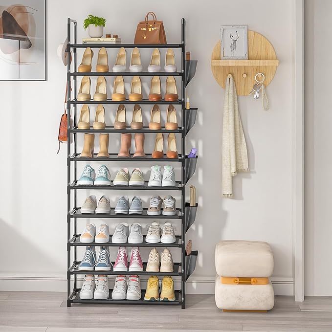 LUKYTOWER Tall Shoe Rack - 10 Tier Shoe Organizer with 5 Hooks, Pocket & Sturdy Stand for Closet Shoes