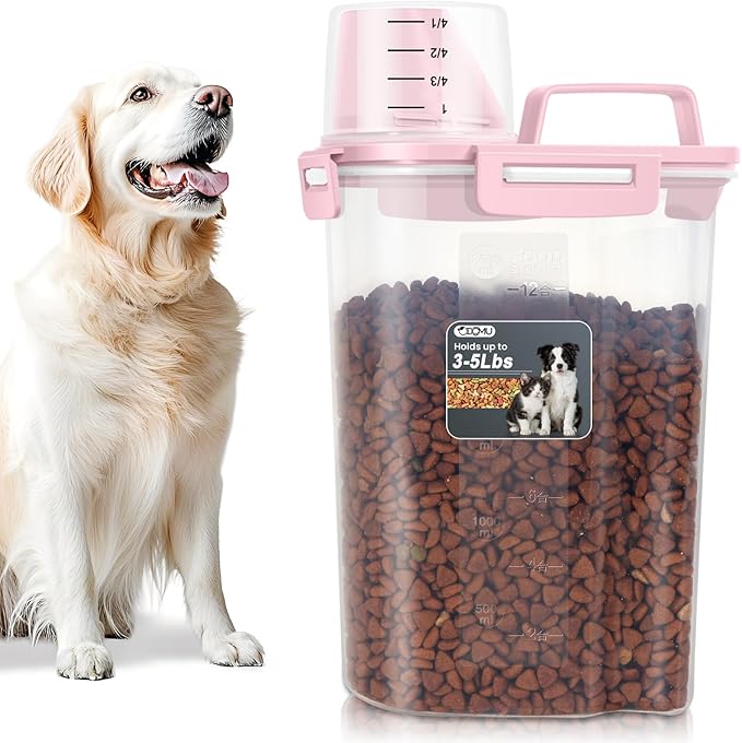 Dog Cat Food Storage Container 3-5lb, Pet Food Container Airtight with Large Spout & Cup, BPA-Free Plastic Food Dispenser for Pet Food, Bird Seed, Rice, Flour (Pink (3L-1pack))
