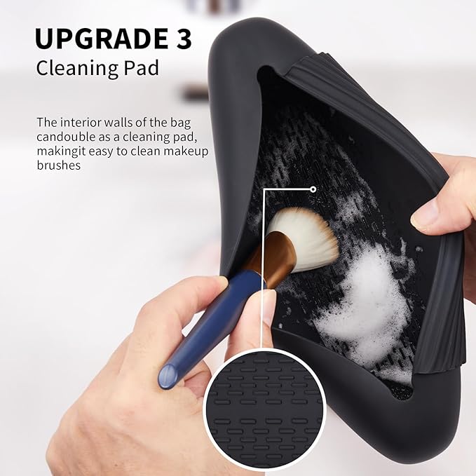 AGIKET 2 IN 1 Silicone Makeup Brush Holder with Beauty Make Up Sponge Holder Case：Soft Portable Cosmetic Face Brushes Holder with Upgrade Anti-Fall Out Magnetic Closure - Black