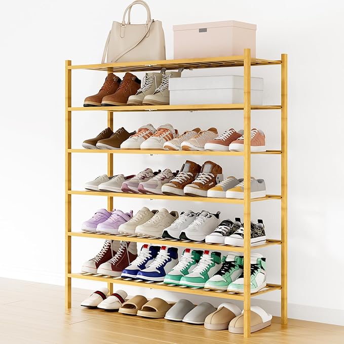 Smiry Long Bamboo Shoe Rack, 6 Tier Free Standing Wooden Shoe Organizer, Stackable Wood Shoe Storage Shelf for Closet, Entryway, 12 Vertical Slats, 2+2+2 Stack Standard Legs, 33.7"x11"x39", Natural