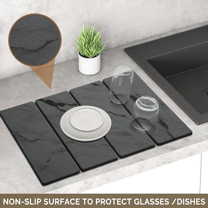 Large Stone Dish Drying Mat for Kitchen Counter, Dark gray 24"x16"&8"x4"