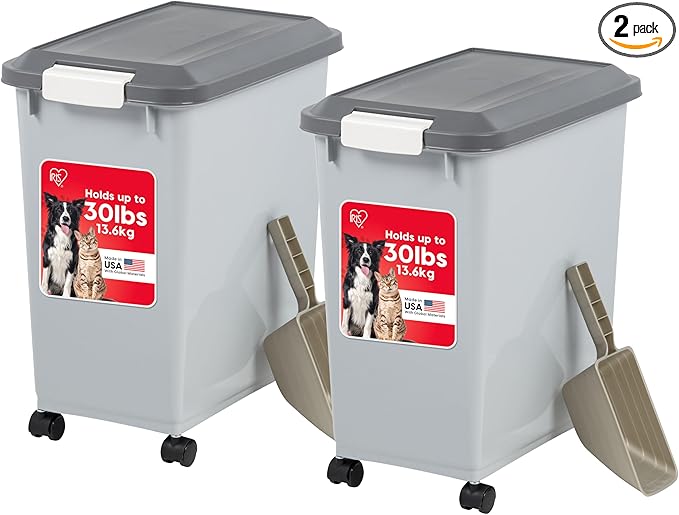 USA Dog Food Storage Container with Wheels, Airtight Lid, 2-Cup Scoop