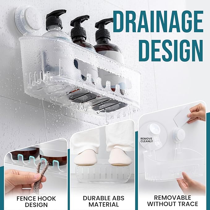 Shower Caddy Suction Cup 2 Pack, Heavy Duty Bathroom Organizer, Frosted Clear