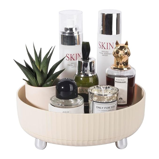 Anyoifax Makeup Perfume Organizer Tray 360 Degree Rotating Lazy Susan Skincare Lotion Organizer Spinning Cosmetics Storage for Dresser, Vanity, Bathroom Countertop, Small Beige