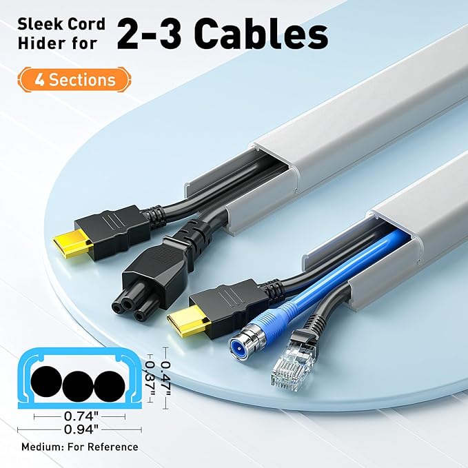 Delamu Grey Cord Hider, 56.7in Grey Cord Covers for Wires on Wall, Cable Hider Wire Covers for 2-3 Cords, Wire Hiders for TV on Wall, Easier Setup Cable Cover to Hide TV Wires, 4X L14.2 W0.94 H0.47in