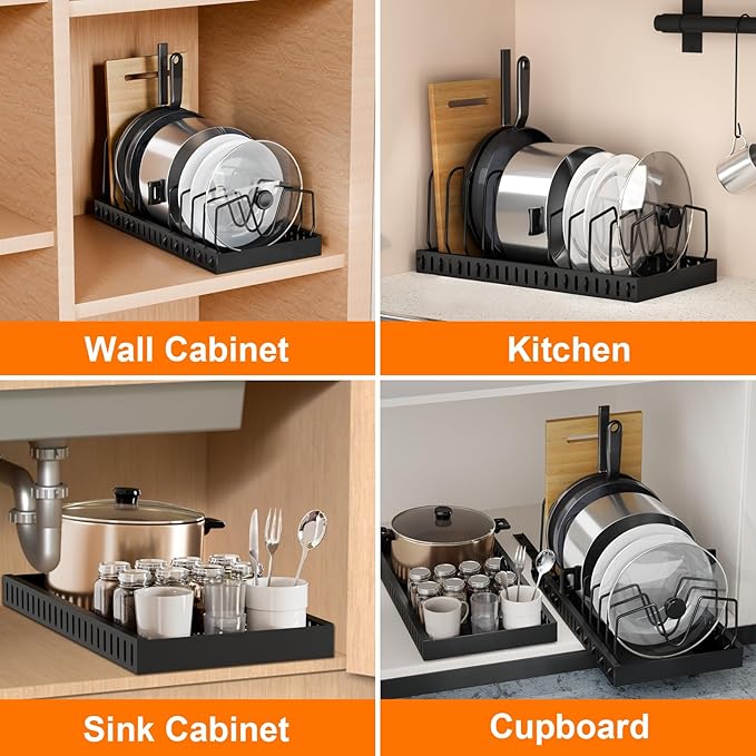 FLSEPAMB Pots and Pans Organizer Sliding Pot and Pan Organizer in Kitchen, 1 Pack Cabinet Pull Out Shelves, for Pots, Lids and Pan Organizer with Two Types of Shelves