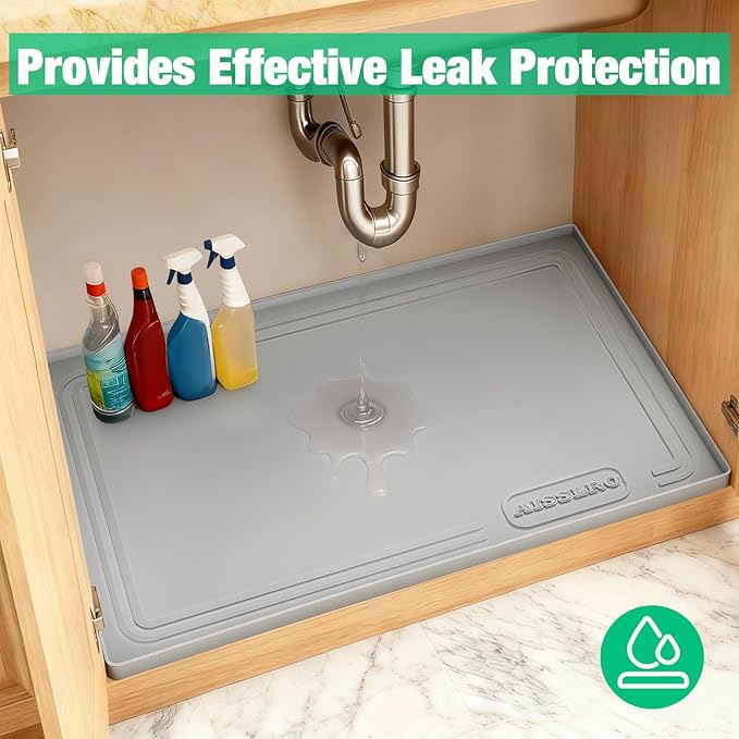 Aisslro Under Sink Mat 25" X 19", Waterproof Silicone Under Sink Mats for Kitchen, Anti-Leak Shelf Liner & Cabinet Protector with Raised Edge, [BPA Free] Bathroom Tray Home Organizer, Gray