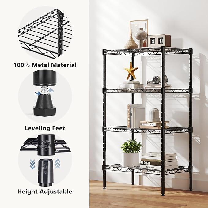 DUMOS 4-Tier Metal Wire Storage Shelves, Adjustable Standing Storage Rack Shelf, Heavy Duty Steel Shelving Unit Organizers for Kitchen Bathroom Pantry Garage, 23.2" W×13.4" D×47.1" H, Black