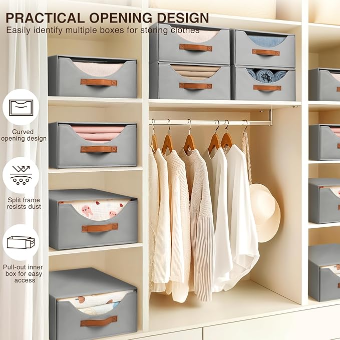 Homsorout Large Closet Organizers - Closet Storage Drawers for Clothes, Fabric Sotrage Bins with Handle, Collapsible Organizer Bins for Bedroom, Living Room, 4 Pack, Gray