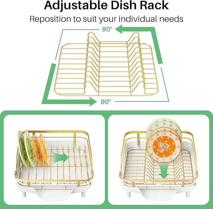SAYZH Dish Drying Rack - Expandable Dish Rack for Kitchen Counter, Rust-Resistant Dish Drainer with Utensil Holder and Raised Guardrail, Kitchen Organizer for Cup and Bottle (Gold)
