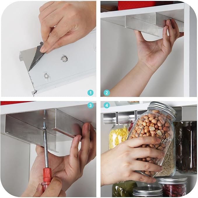 lopeztek Mason Jars Organizer, Canning Rack for 4 8 12 16 24 32 64 oz, Under Cabinet and Pantry Food Storage Hanger Accessories(2Pcs-Wide Mouth-Long)