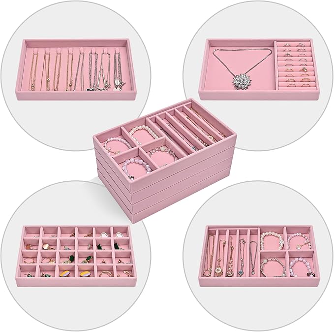 ProCase Stackable Jewelry Organizer Trays for Drawers, Jewelry Drawer Inserts Container Display Case Storage for Earring Necklace Rings Bracelet with Removable Dividers -Dustypink, 4 Layers