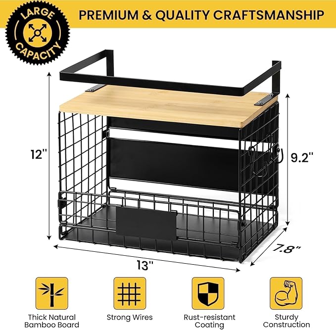 [WIDER SHELF] 1 SET Strong Magnetic Shelf Basket for Fridge with Tag & Bamboo Top, XXL Large Magnetic Spice Rack Shelves for Side of Refrigerator, Kitchen Pantry Storage Organizer for Food Fruit Veg