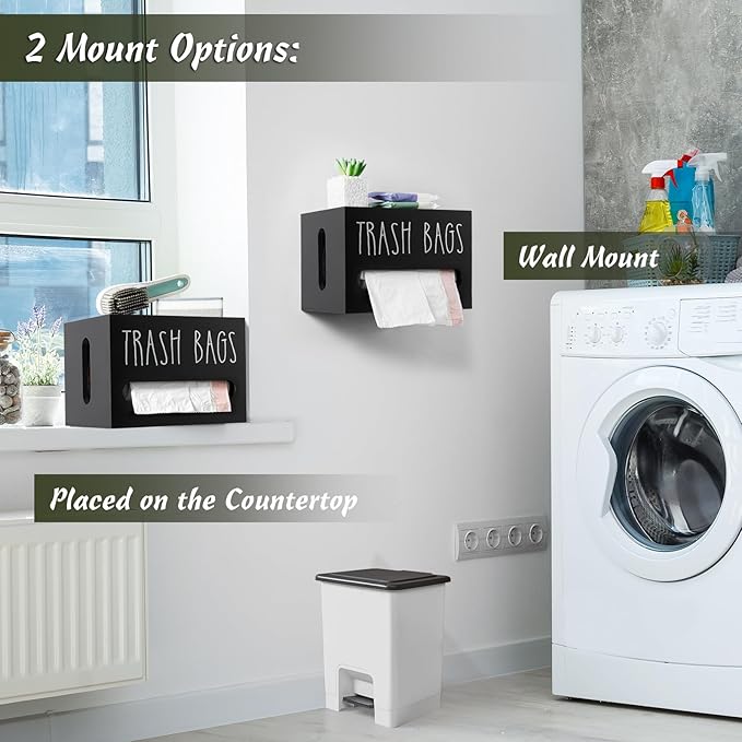 DRASTAR Trash Bag Dispenser, Large Wooden Trash Bag Holder Wall Mount, Black Roll Holder for for 13-gallon Plastic Garbage Bags Dispenser Countertop, Under Kitchen Sink Organization