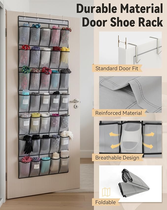 dodowin Over the Door Shoe Organizers, 2 Pack (Black 24-Pocket & Grey 40-Pocket) - Hanging Shoe Rack with 4 Metal Hooks, Space Saving Foldable Storage for Closet Door