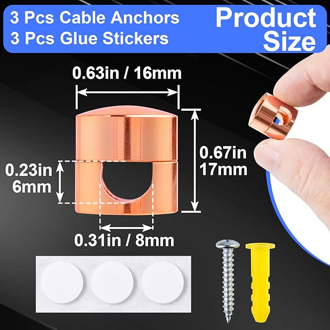 SmallCat 3 Sets Charger Holders for Cords, Rose Gold Color Adjustable Cable Anchor Holders, Adhesive Metal Cord Clips, Cable Management Wire Organizers for Desk, Office, Nightstand