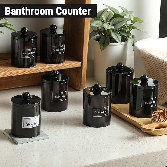 2 Pack Acrylic Qtip Holder Dispenser for Cotton Swabs, Balls, Pads, Floss Picks- Clear Plastic Canister Apothecary Jar Set, Bathroom Essentials Accessories Decor Vanity Makeup Storage Organizer -Black