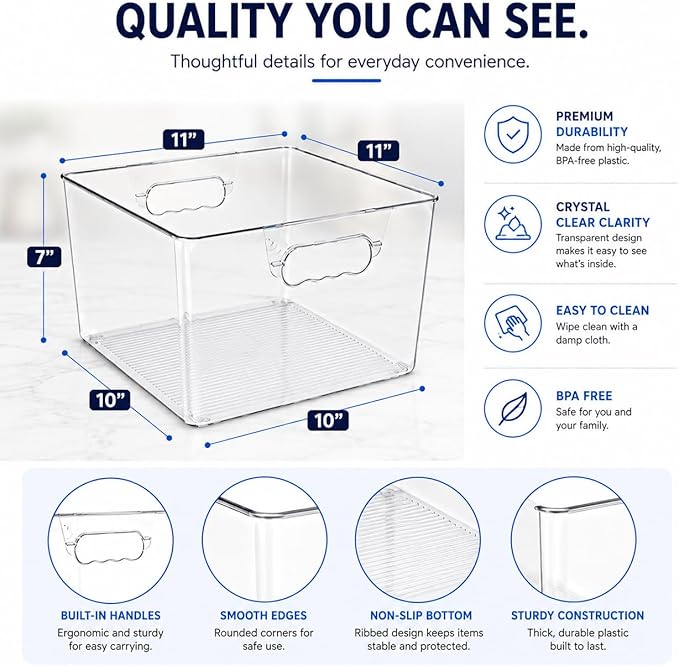 Sorbus Clear 11x11 Cube Storage Bins, 6 Pack Large Square Organizer Bins with Handles, Stackable Plastic Storage Containers for Cube Storage, Closet, Shelf & Home Organization, BPA-Free