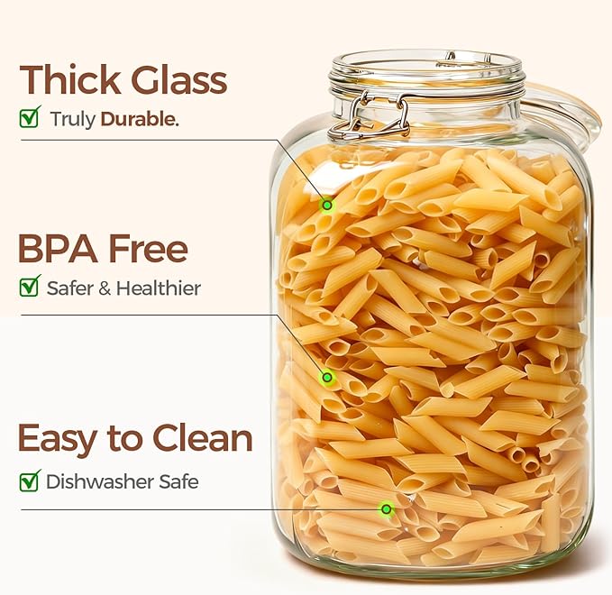 ComSaf 5L Square Glass Jars with Airtight Lids (1.3 Gallon, Set of 2), Space-Saving Canisters for Bulk Flour & Rice Storage, Ideal for Large-Batch Fermenting, Pickling & Kombucha