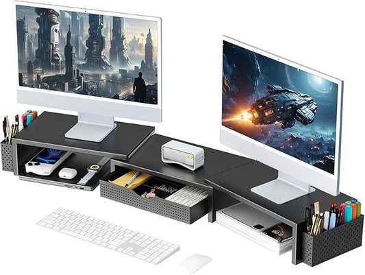 Dual Monitor Stand Riser, Desk Organizer With Drawer and 2 Pen Holders, Black