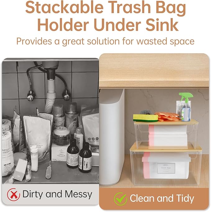 COAZEX 2 Pack Trash Bag Holder Under Sink Stackable, Plastic Garbage Dispenser with Lid, Trash Bag Storage Dispenser Roll Holder for Kitchen, Pantry, Laundry Room Organization