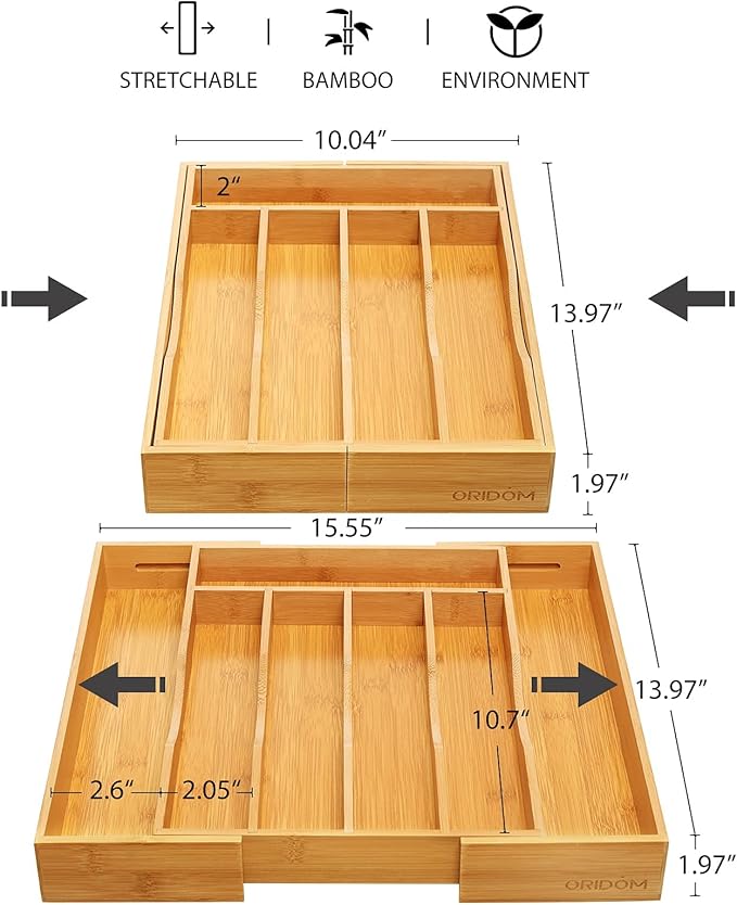 Expandable Bamboo Kitchen Drawer Organizer for Cutlery and Utensils, Natural
