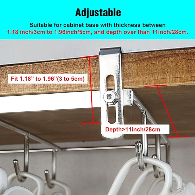 Mug Holder Under Cabinet for 1.18"- 1.96" Thickness Cabinet Base, 9 Hooks Cup Organizer Hanging Coffee Mug Rack Tea Cup and Utensil Hooks Drilling Free Mug Hanger Under Shelf
