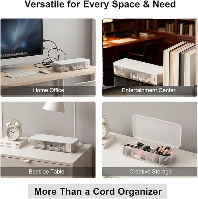 Cable Organizer Box with 7 Wire Ties, 1 Pack Desktop Cord Management Storage Case with Lid, 7 Compartments for Chargers Cables for Office Home Desk Accessories Cords (White)
