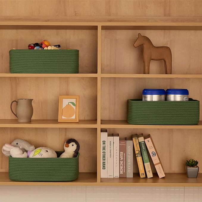 MiniArk Large Shallow Organizing Baskets 15x11x5.1 Inches - Rope Woven Storage Bins for Bathroom, Shelves, Cube Closet, Green 2 Packs