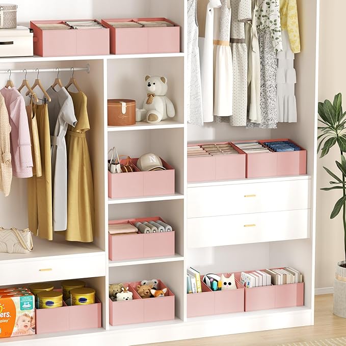 Large Closet Shelf Organizer Bins 8 Packs with Handles and Divider, Pink