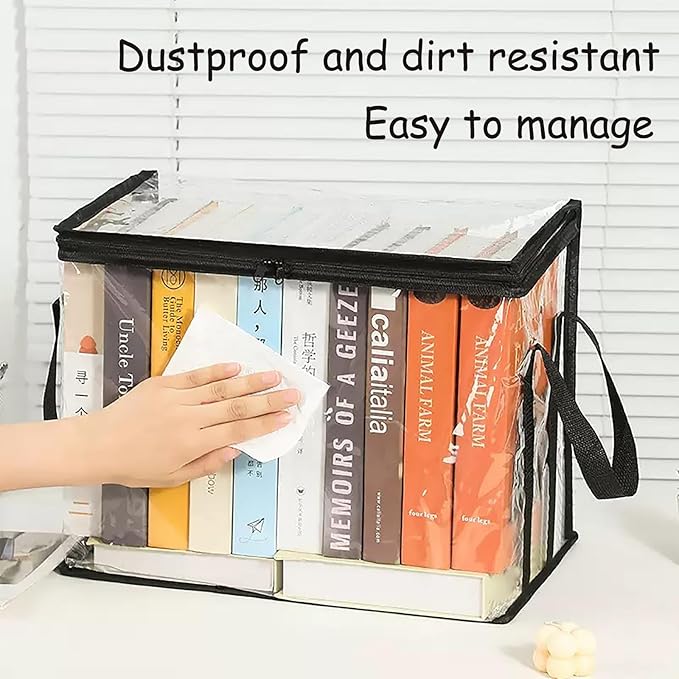 2PCS Clear Book Storage Bag Plastic Comic Books Organizer Collapsible Book Display Case with Lid and Lifting Handle suitable for books and toys,Size38x24x32cm/15x9x13inches